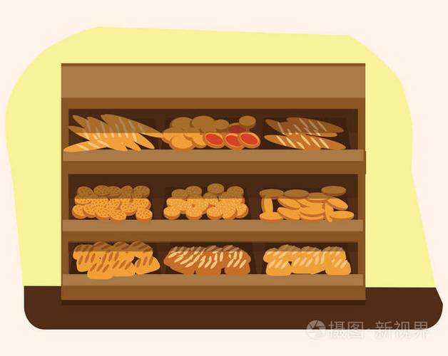 在超市里,新鲜产品的销售在食品商店内部,商店矢量图选择大面包面包店